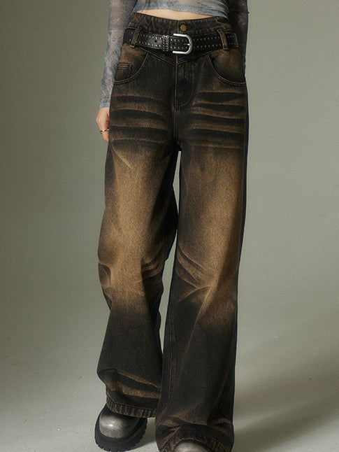 Distressed Straight Large Pocket Jeans