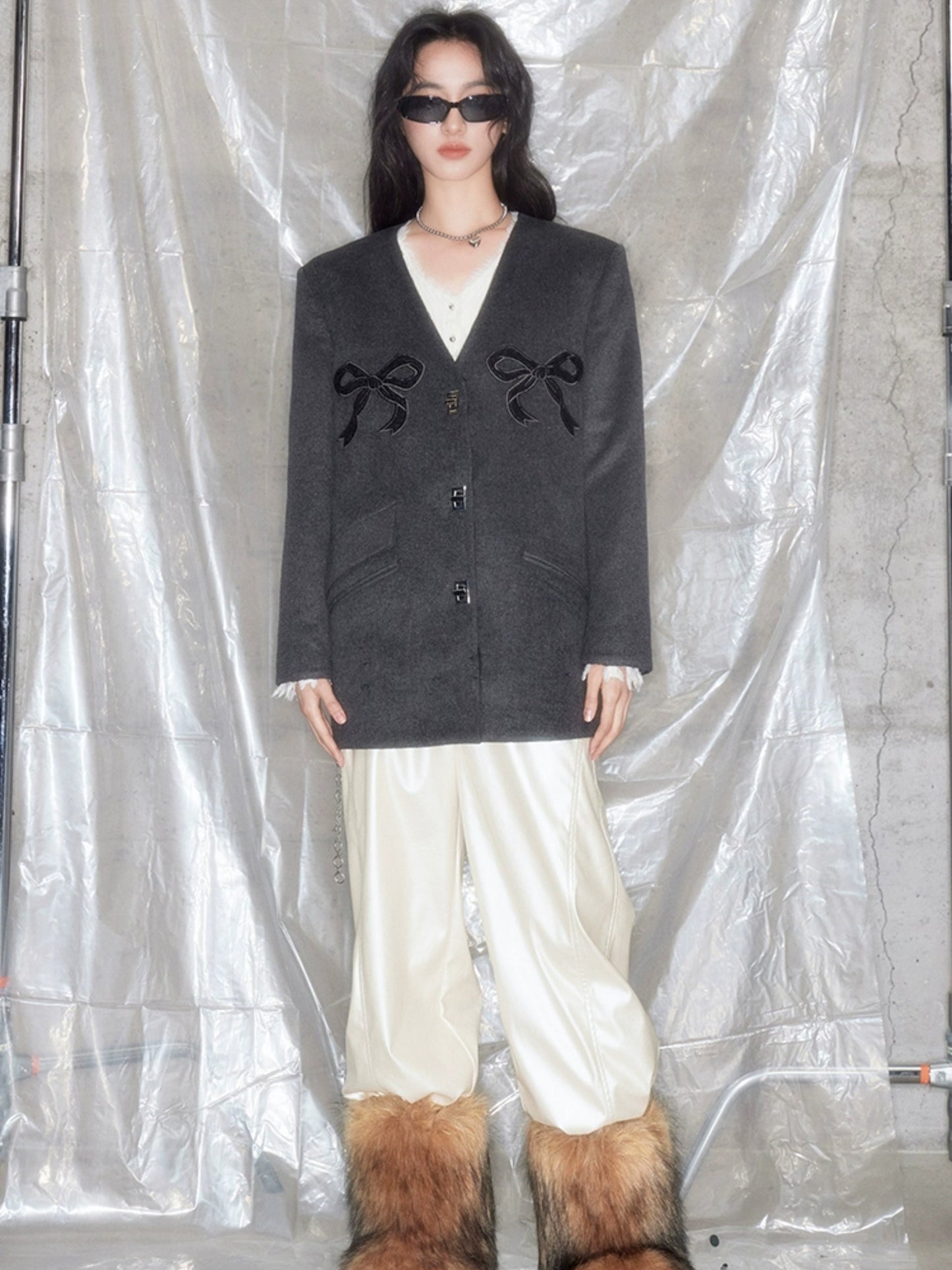 V-neck Bow Embroidery Metal Button Jacket