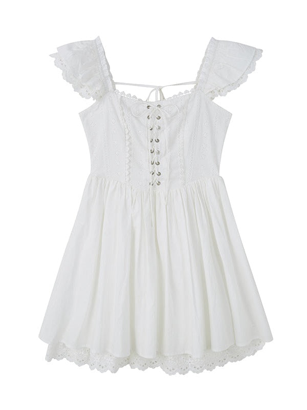 Stitching Lace Jacquard Flying Sleeve Dress