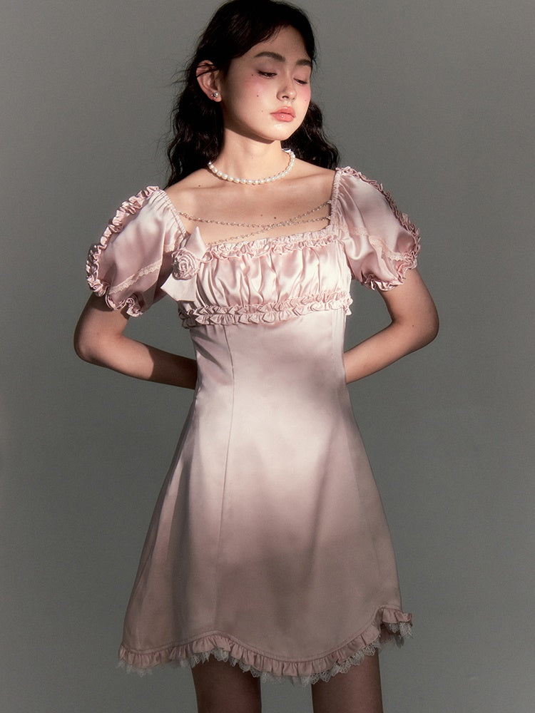 Beaded Chain Frill Decoration Puff Sleeve Dress