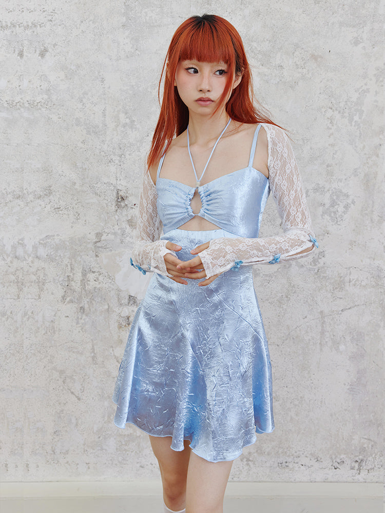 Shiny Hollow Suspender Dress & Lace Sleeve