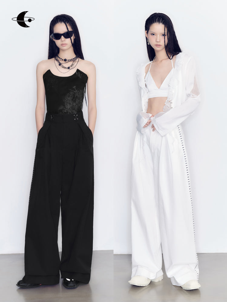 Wide-Leg Side-Embroidery Casual Pants
