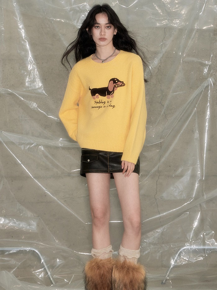Dog Lazy Round Neck Pullover Sweater