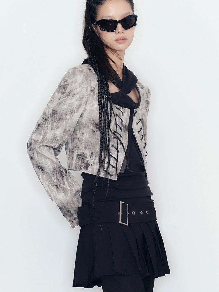 Mottled No Collar Jacket & A-Line Mini Skirt