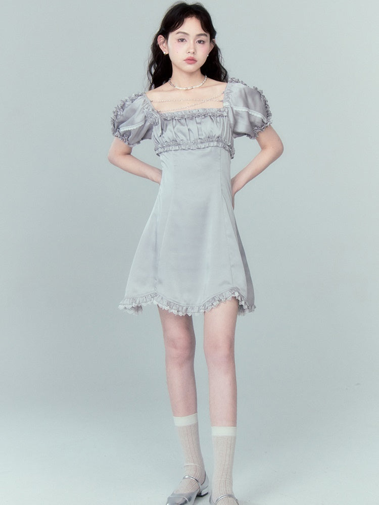 Beaded Chain Frill Decoration Puff Sleeve Dress