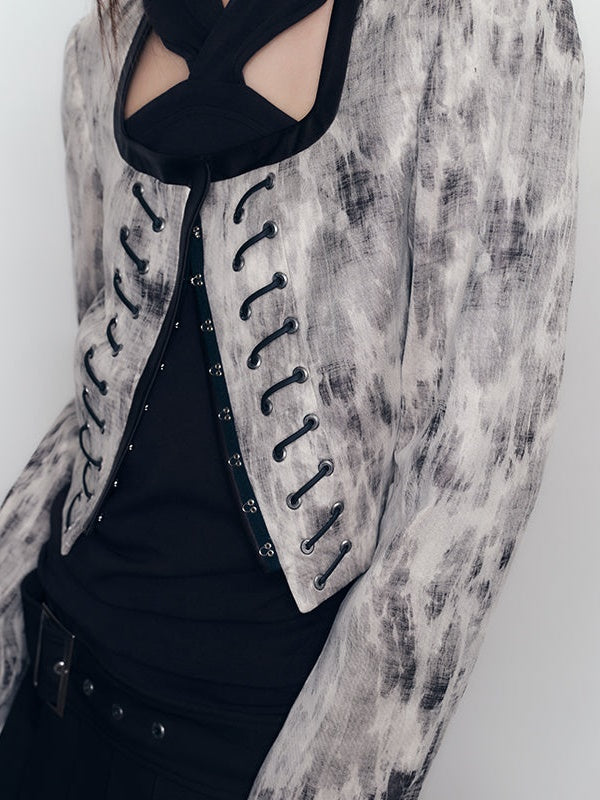 Mottled No Collar Jacket & A-Line Mini Skirt