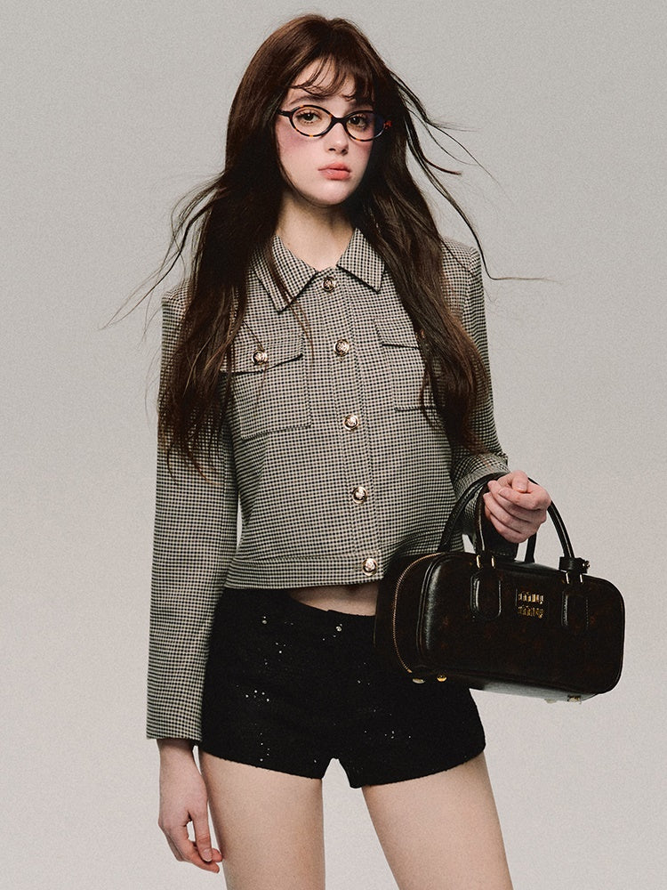 Retro Houndstooth Short Jacket ï¼?Front Pocket Short Skirt