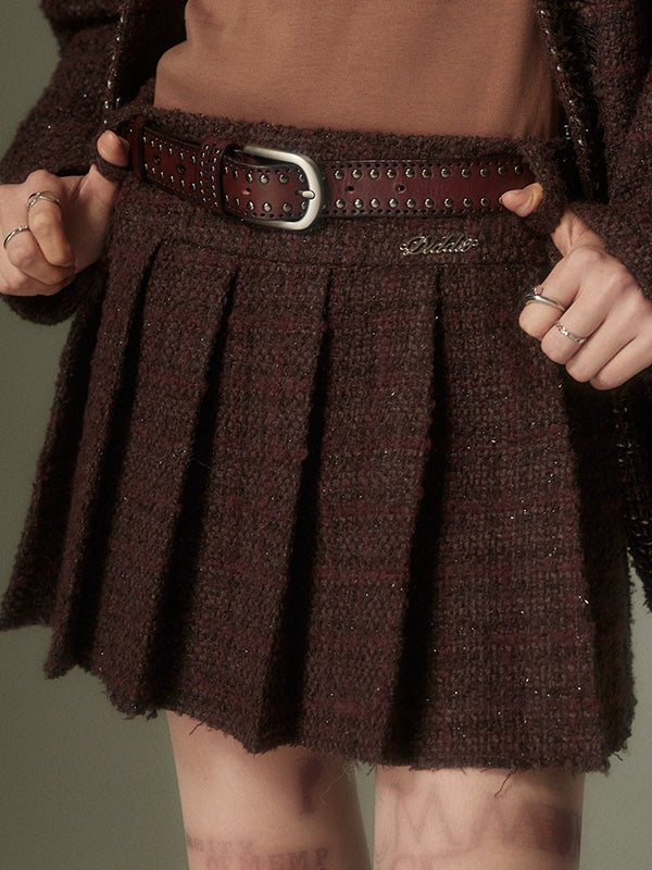 Rivet Glitter Tweed No-Collar Jacket ï¼?Pleated Skirt
