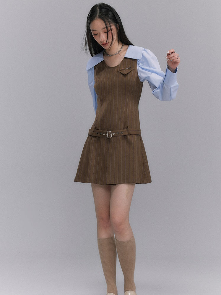 Contrast Color Low Waist A-Line One-piece