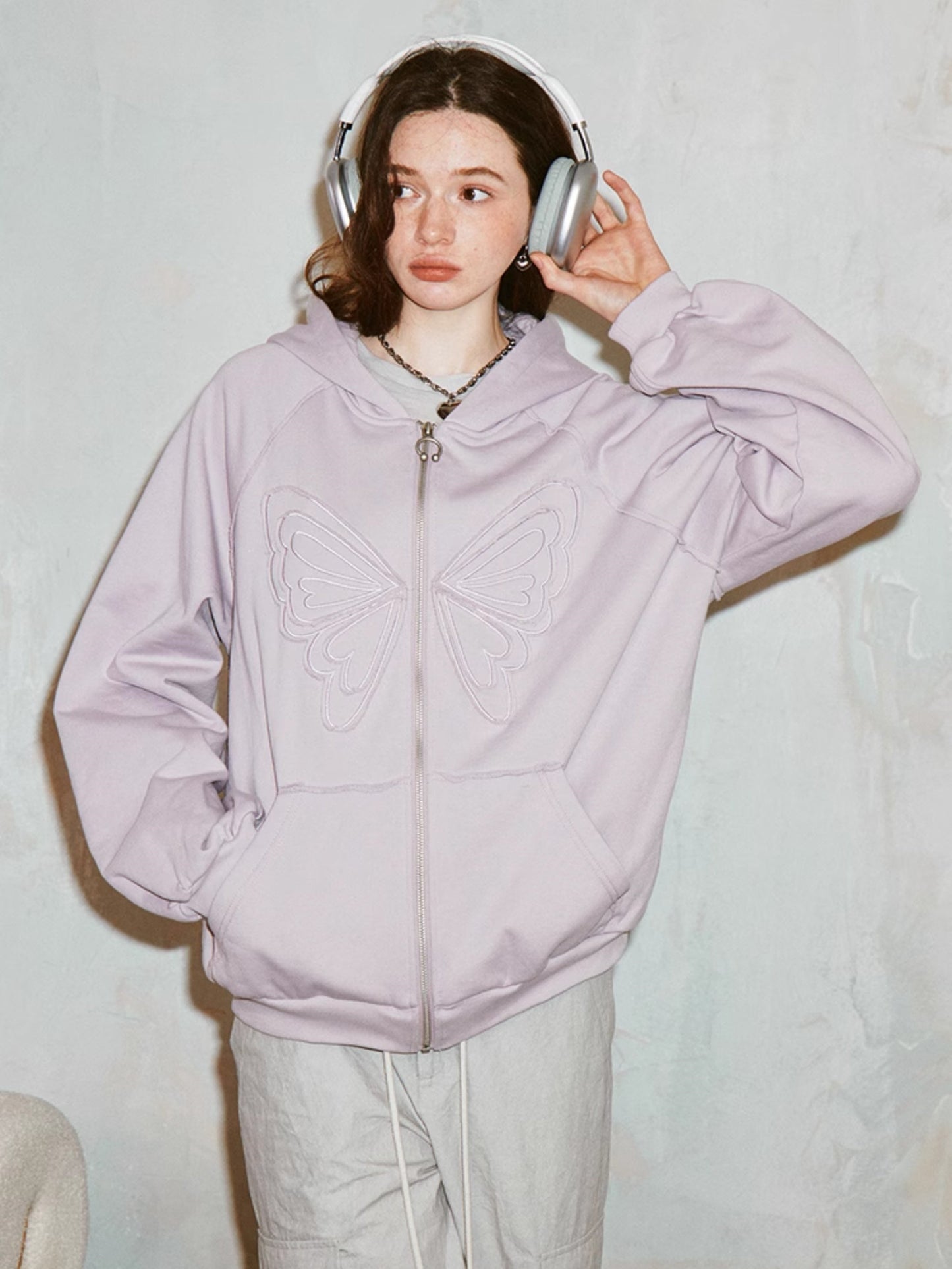 Butterfly Embroidery Loose ZIP-Up Hooded Sweat