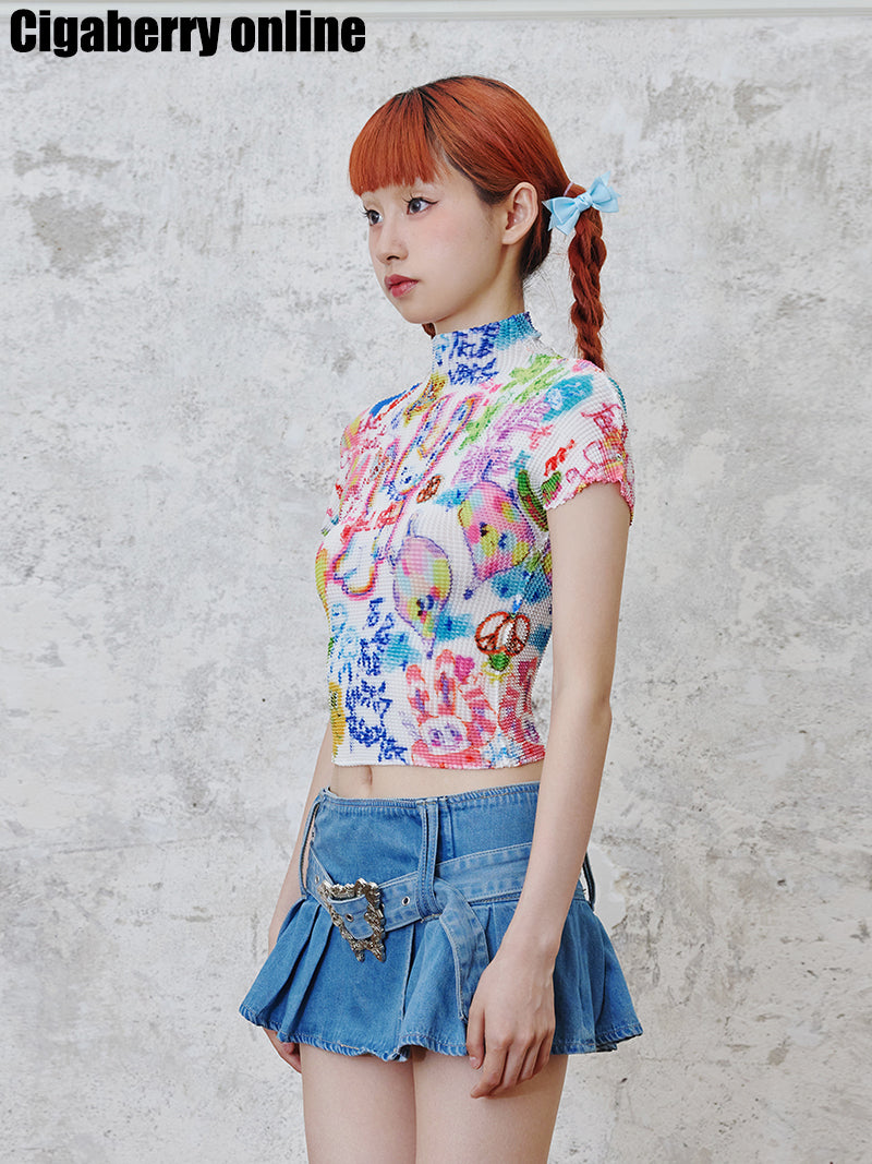 Illustration Graffiti Pleated T-Shirt