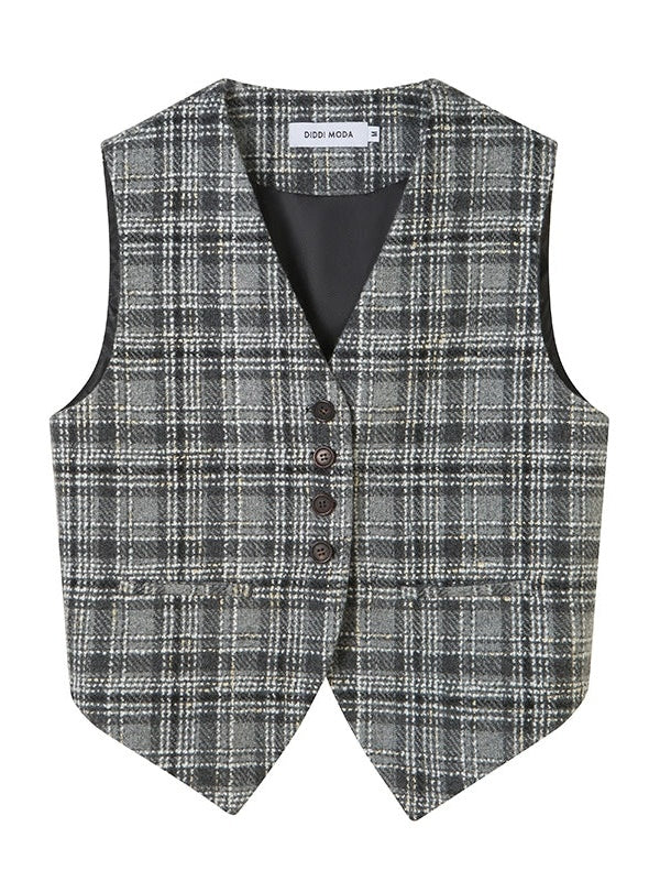 Woven Plaid No-Collar Jacket ï¼?Vest ï¼?Pleated Skirt