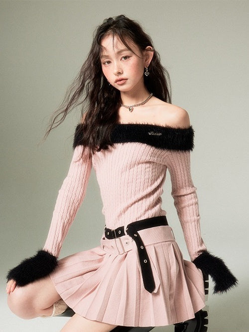 Off-shoulder Knit Double Belt One-piece