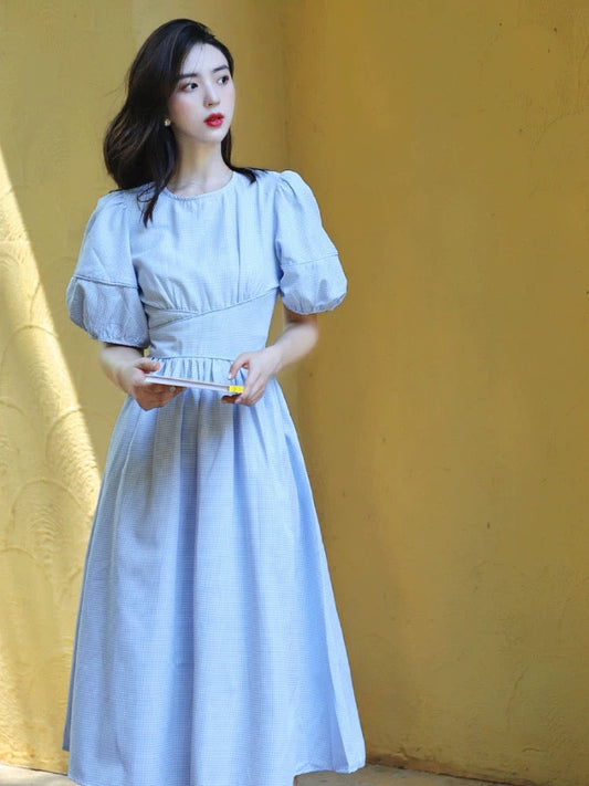 Checked Puff Sleeve Midi Dress in Blue