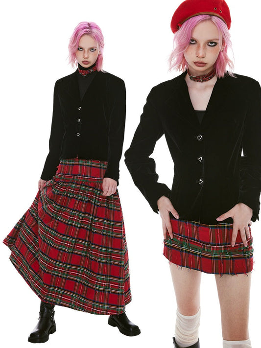 2Way Checked Girly Punk Unique Short-Skirt Long-Skirt