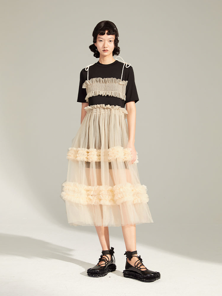 Fake Two-piece Mesh Stitching Lace Dress