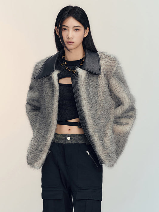 Leather-Collar Luxury Warm Fluffily Boa-Jaclet