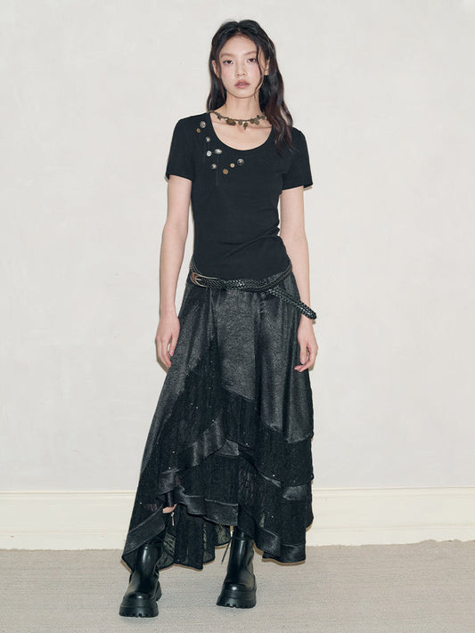 Lace Asymmetry Sequins Flare A-Line Ling-Skirt