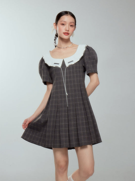 Girly Checked College Pleats Flare One-piece