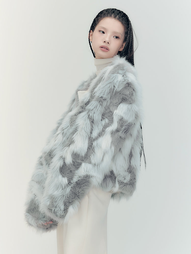 Fur Eleagnt Bi-Color No-Collar Jacket