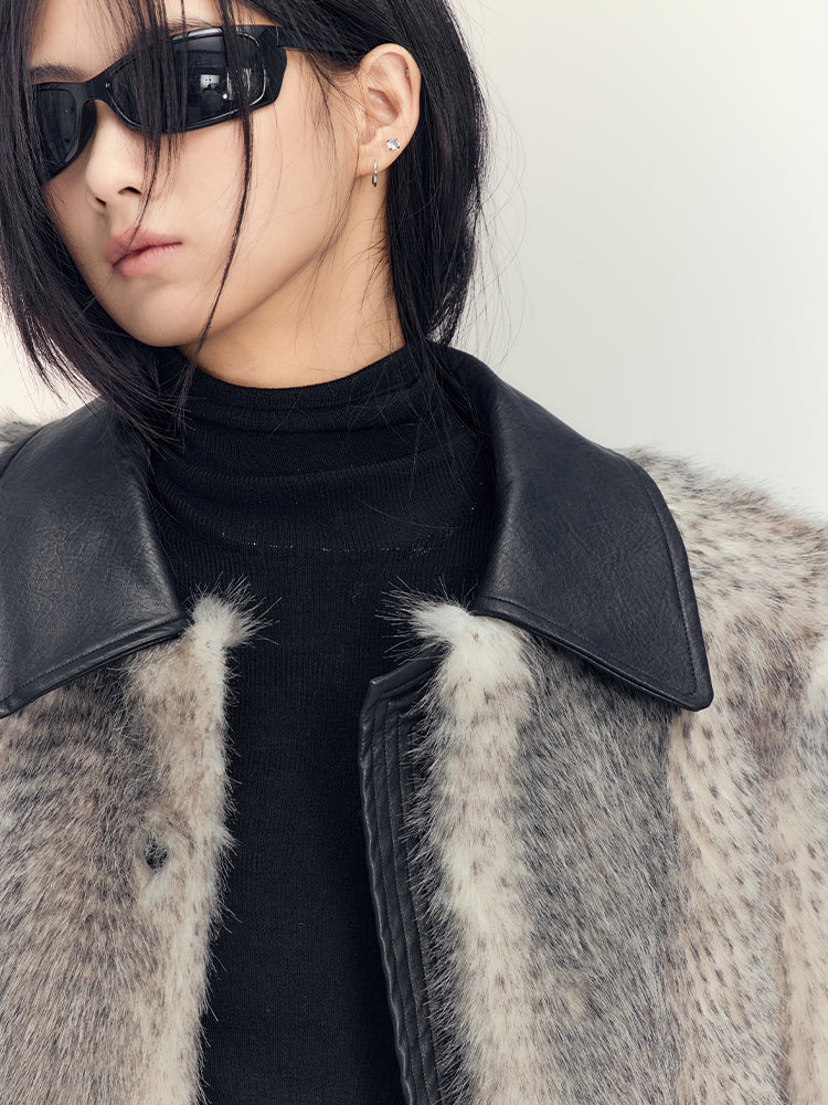 Leather-Collar Luxury Warm Fluffily Boa-Jaclet