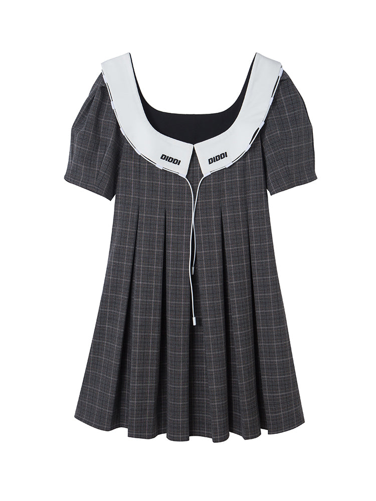 Girly Checked College Pleats Flare One-piece