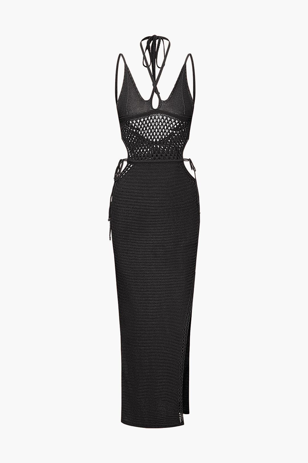 Cut Out Open Knit Backless Halter Maxi Dress