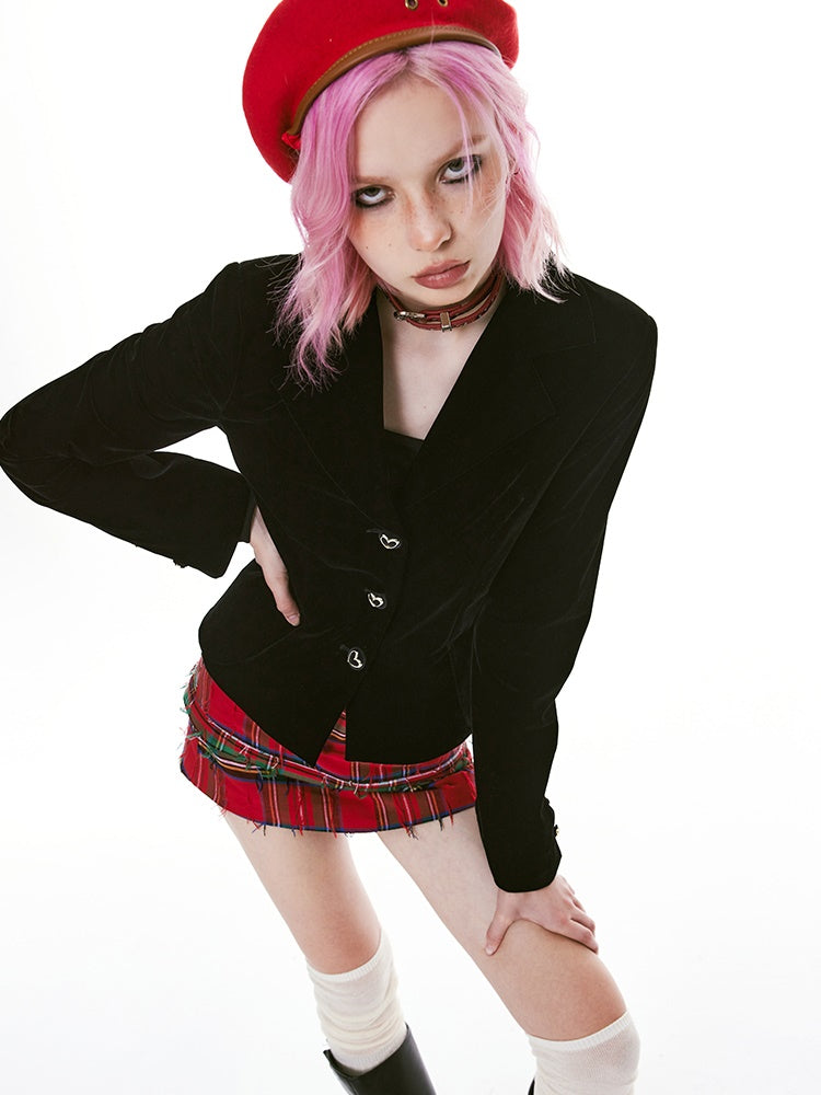 Velvet Heart-Button Short High-End Jacket