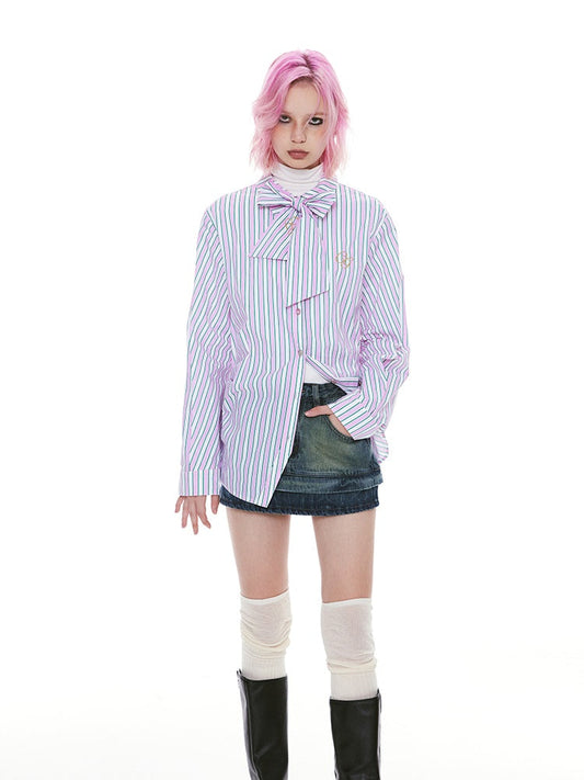 Stripe Ribon-Tie Asymmetry Ovreisze Casual Shirt