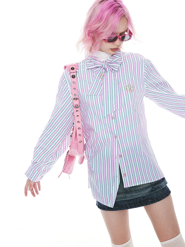 Stripe Ribon-Tie Asymmetry Ovreisze Casual Shirt