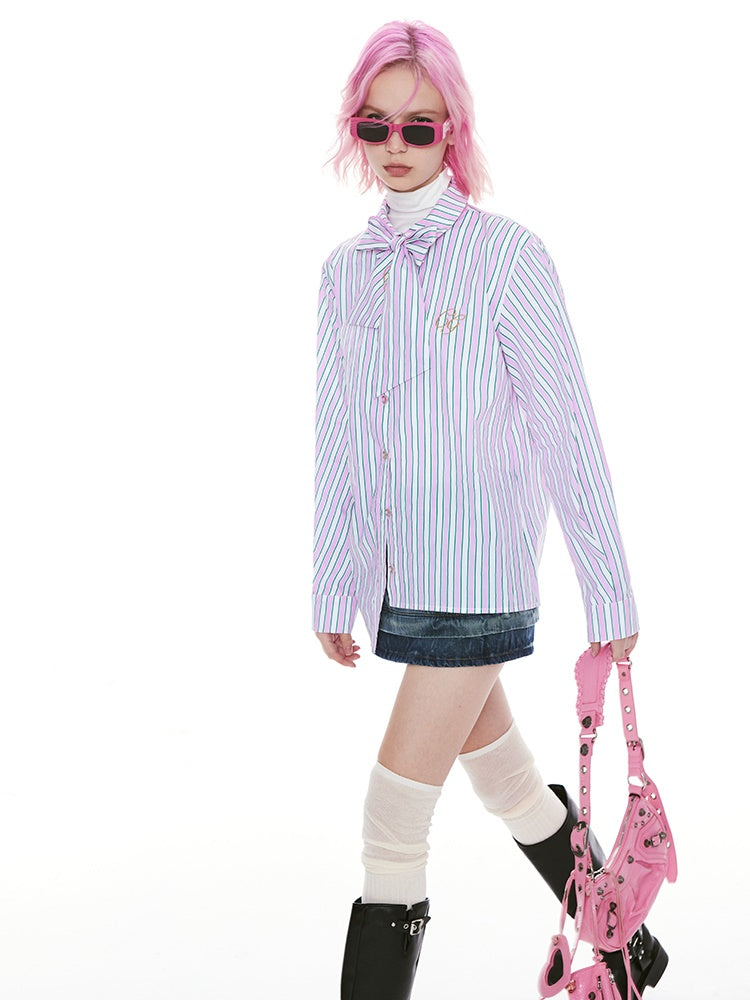 Stripe Ribon-Tie Asymmetry Ovreisze Casual Shirt