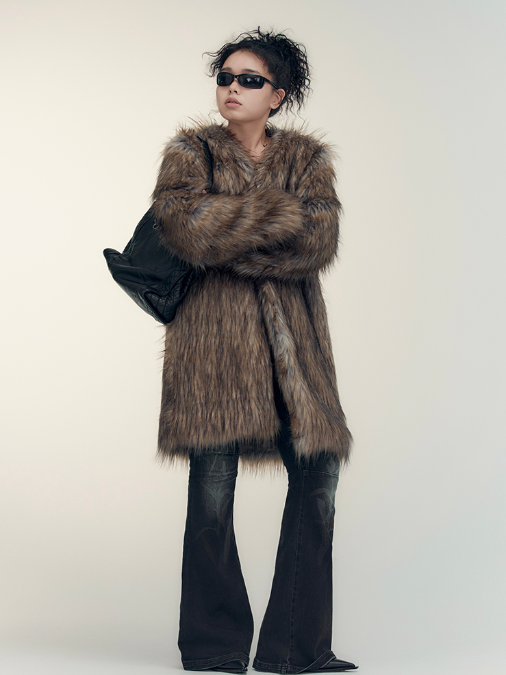 Fur Elegant Fluffily No-Collar Long-Coat