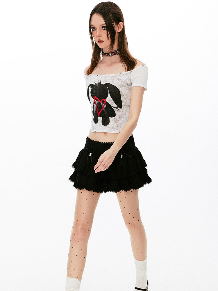 Rabbit Off-Shoulder Short Tight T-Shirt