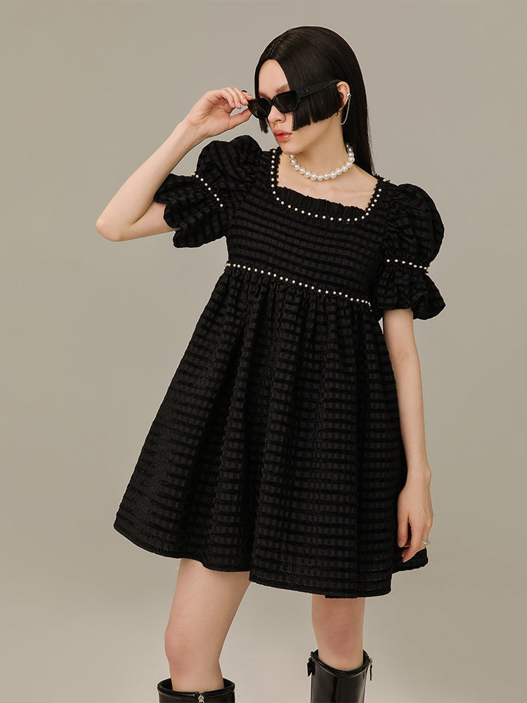 Plaid Retro Pearl Puff-sleeve One-piece