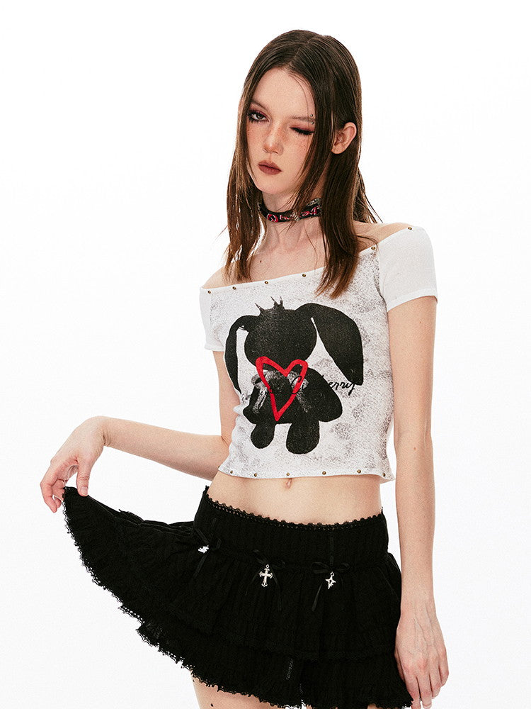 Rabbit Off-Shoulder Short Tight T-Shirt