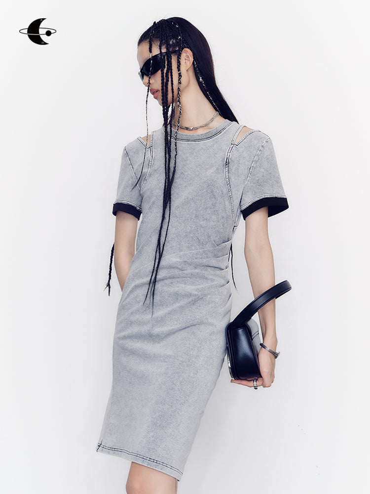 Back-Open Drape Shoulder-Cut Nichi Casual One-Piece