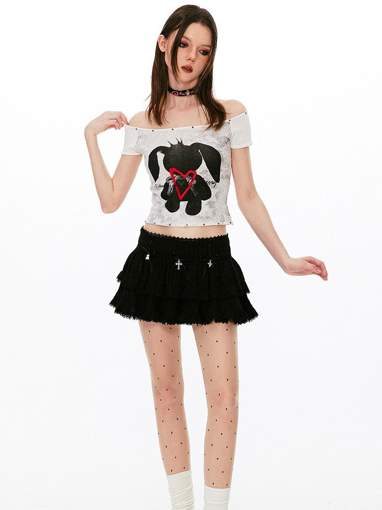 Rabbit Off-Shoulder Short Tight T-Shirt