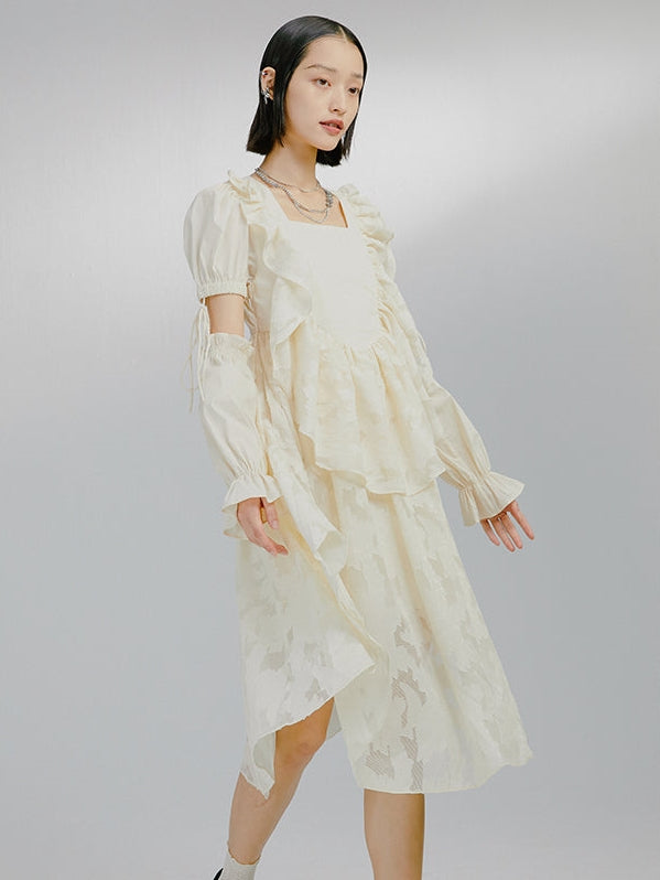 Detachable Sleeve White Long Sleeve Irregular Dress