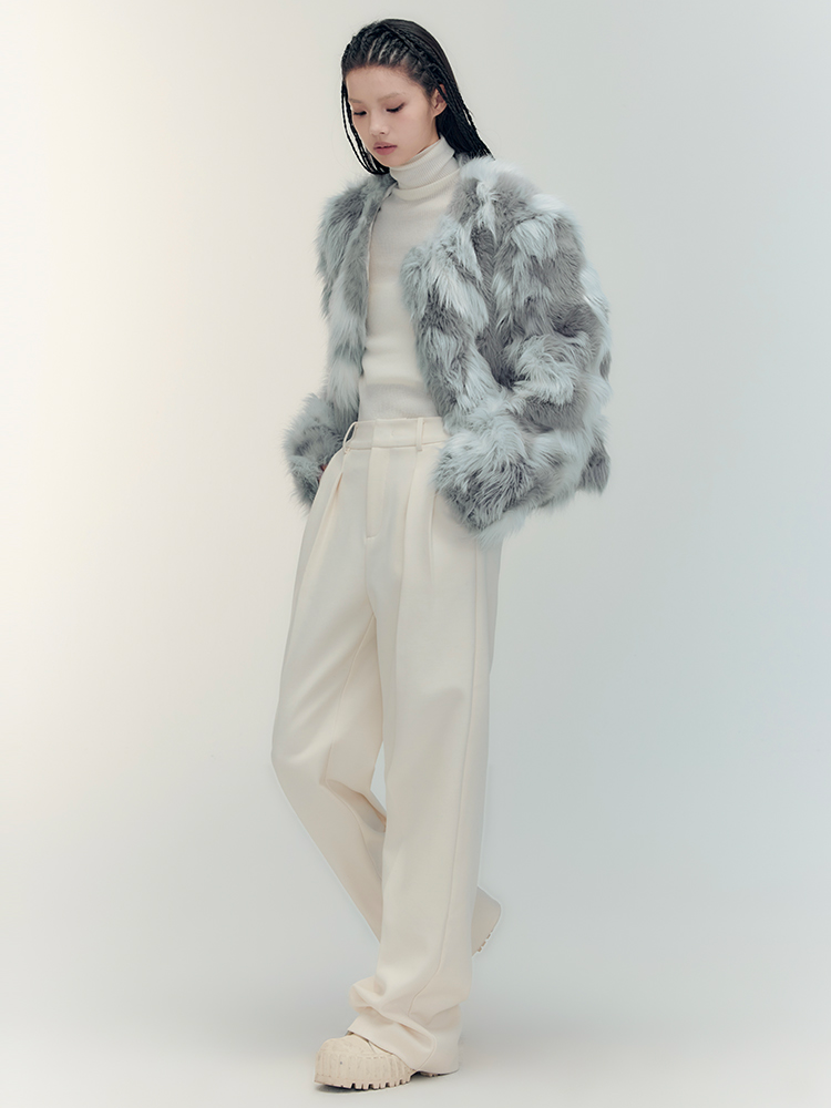 Fur Eleagnt Bi-Color No-Collar Jacket