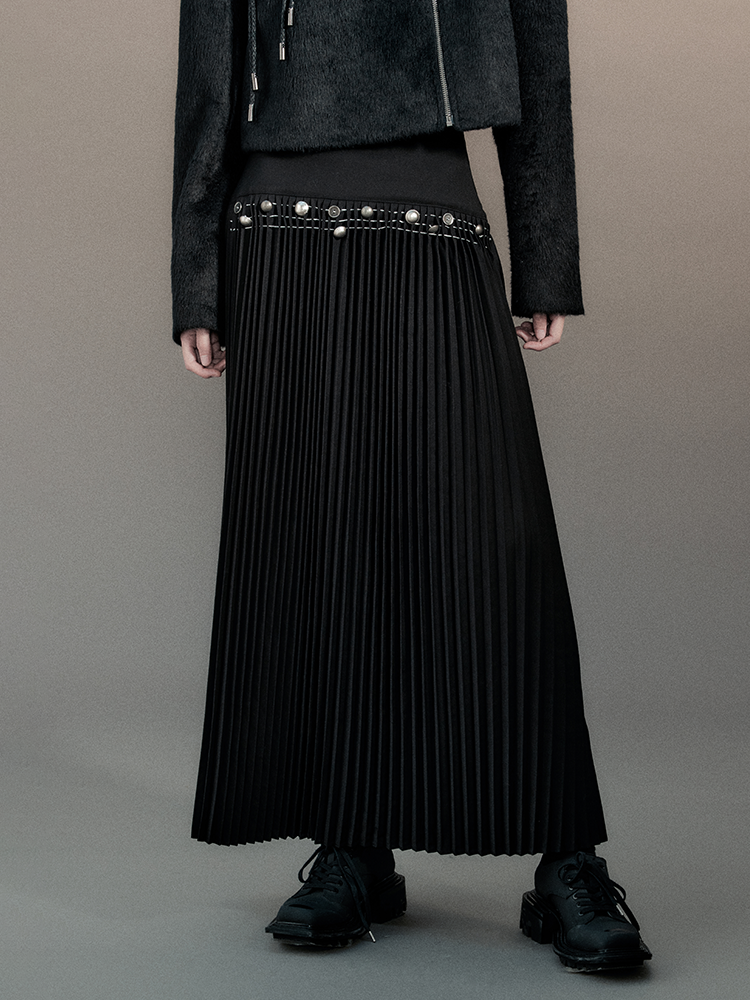 Pleats Chic Button Metal Nichi Long-Skirt