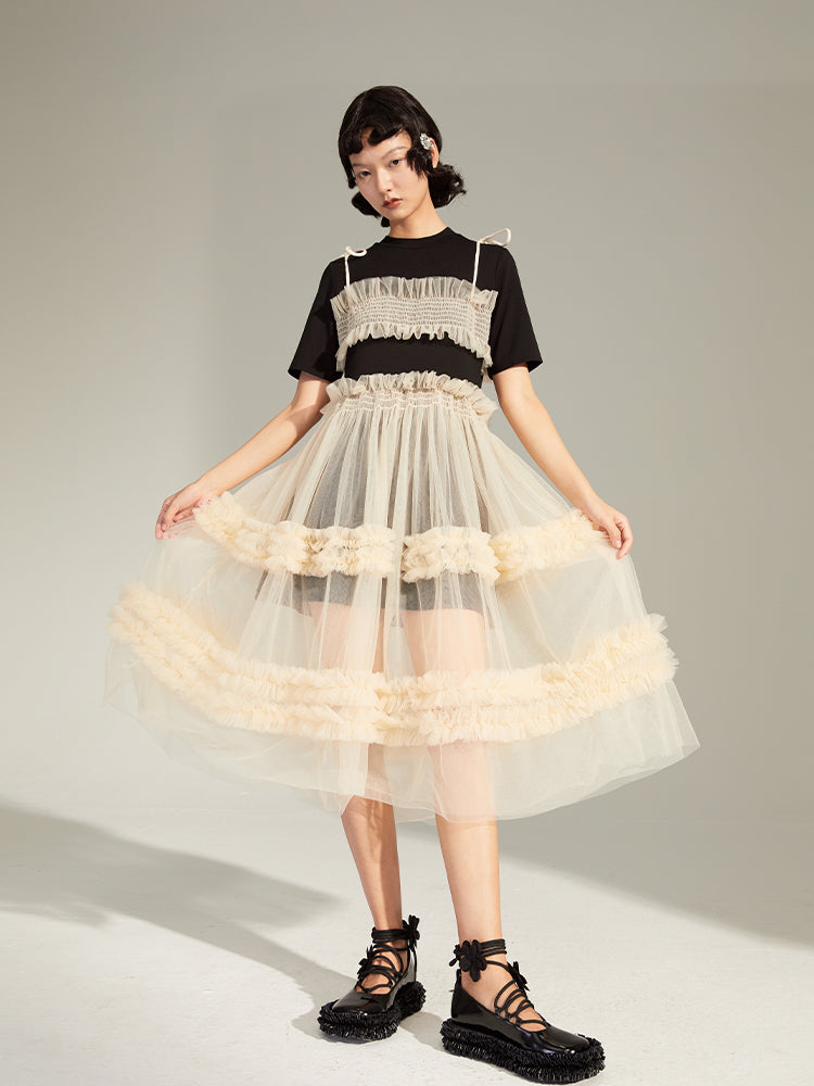 Fake Two-piece Mesh Stitching Lace Dress