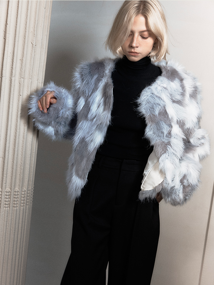 Fur Eleagnt Bi-Color No-Collar Jacket