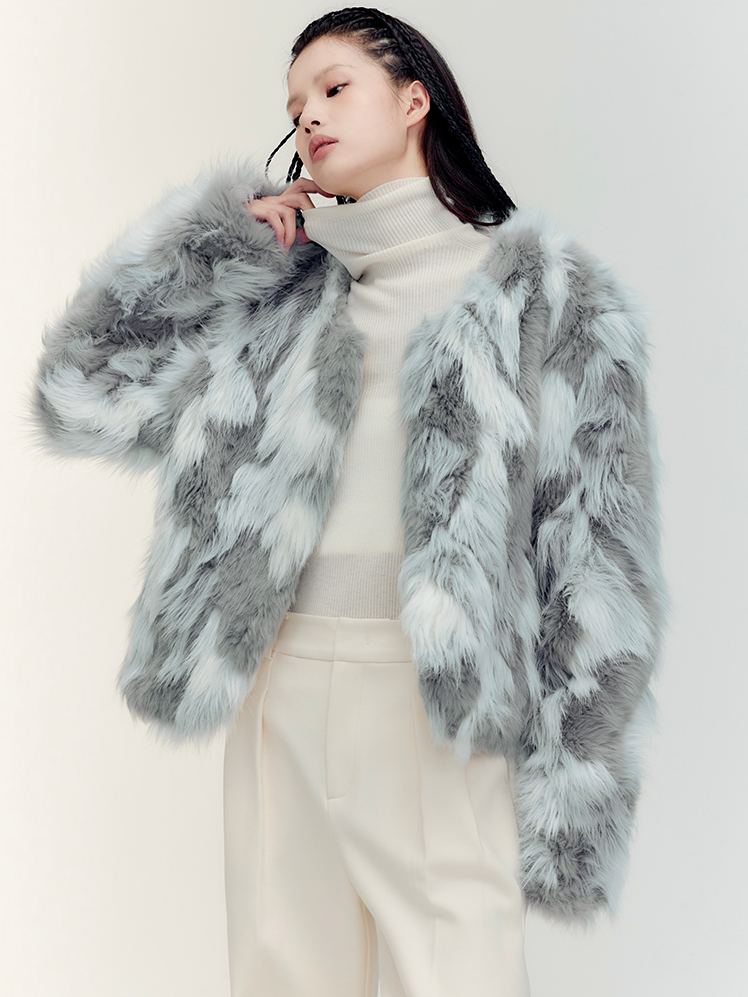 Fur Eleagnt Bi-Color No-Collar Jacket