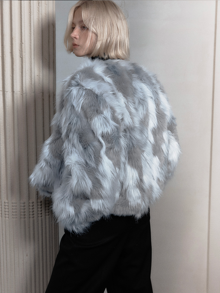 Fur Eleagnt Bi-Color No-Collar Jacket