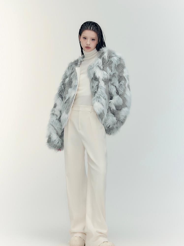 Fur Eleagnt Bi-Color No-Collar Jacket