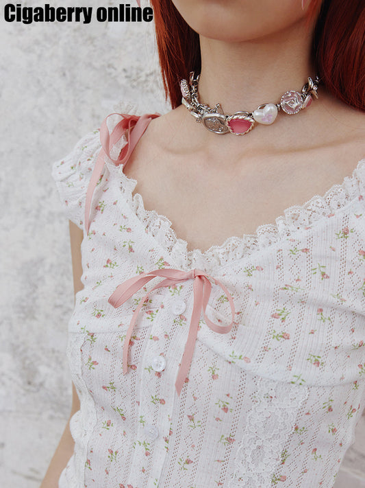 Heart Rose Coin Chain Ribbon Cute Necklace