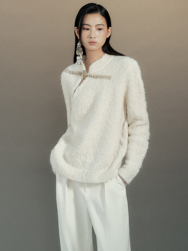 Toggle-Button Mao-Collar Nichi Chic Mohair-Knit