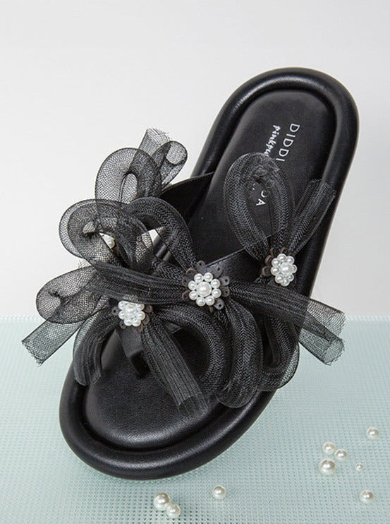 Fishnet Bow Flower Flip-Flops