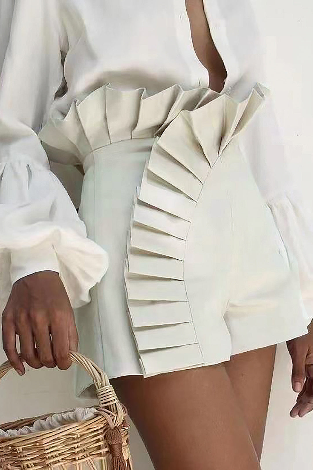 High Waist Pleated Trim Shorts