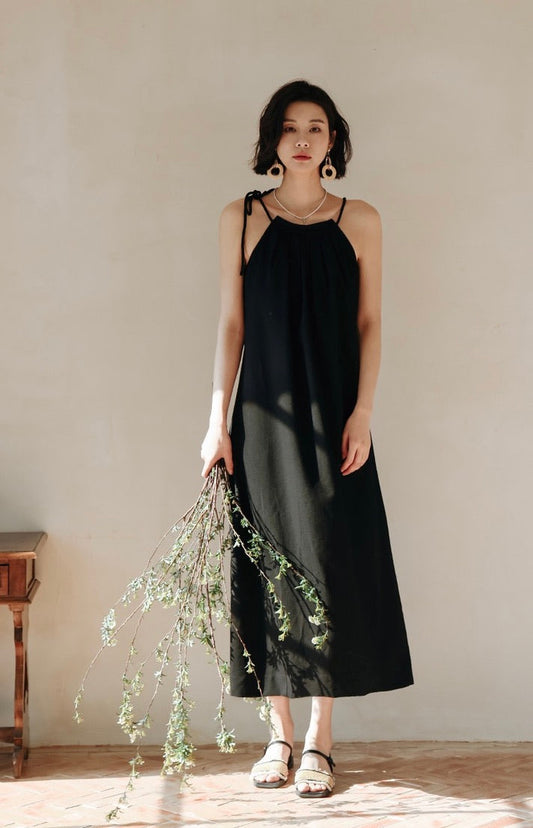 Ribbon Tie Maxi Dress in Black